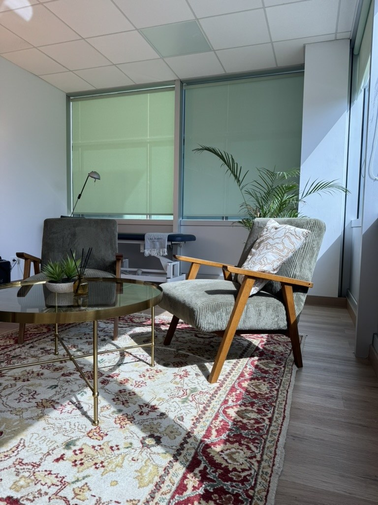 Behandlungszimmer im Las Almas Institut Palma de Mallorca mit Sesseln, Teppich und Blick ins Grüne